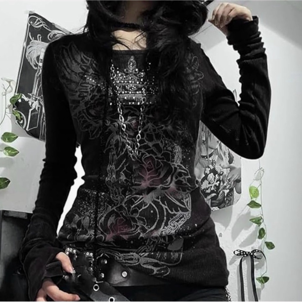Black Long Sleeve Graphic Goth Top New